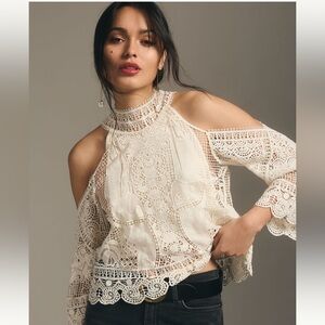Anthropologie Guipure Cream Lace Cold Shoulder Blouse